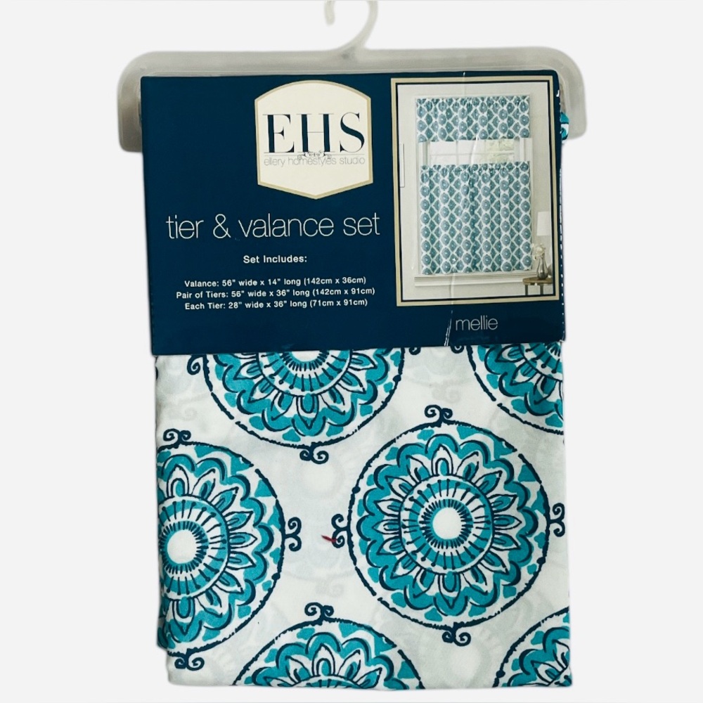 EHS Ellery Homestyles Mellie Tier & Valance Curtain Set – Teal Medallion